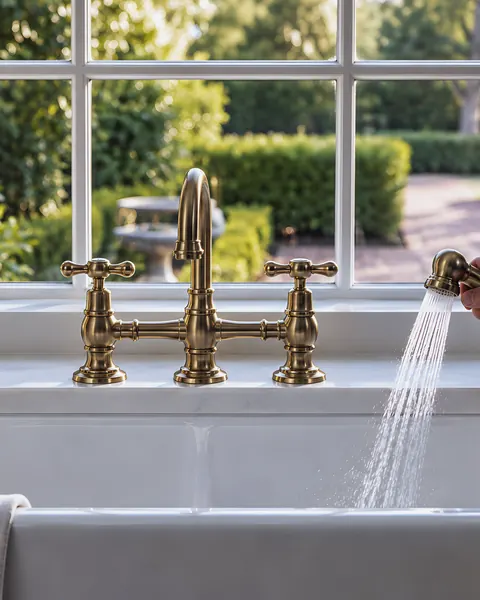 Brass kitchen faucet install, Mink van visible outside: an AI reconstruction of The Mink Plumbing’s own photograph.