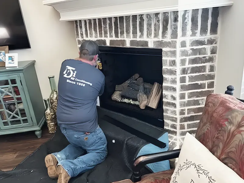 Uniformed technician servicing a gas fireplace, from TDi Services’s own photographs.