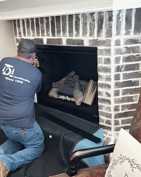 Uniformed technician servicing a gas fireplace, from TDi Services’s own photographs.