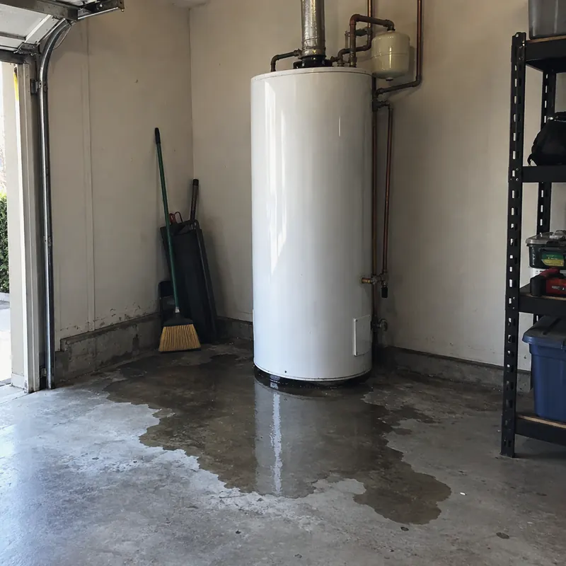 A phone snapshot of a tank water heater in a garage, with water pooling on the floor around its base. (illustrative image)
