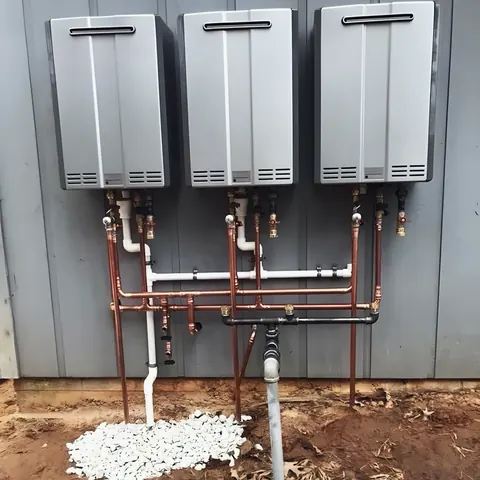 Three tankless water heaters installed on exterior wall, from East Texas Leak Locators & Plumbing Services’s own photographs.