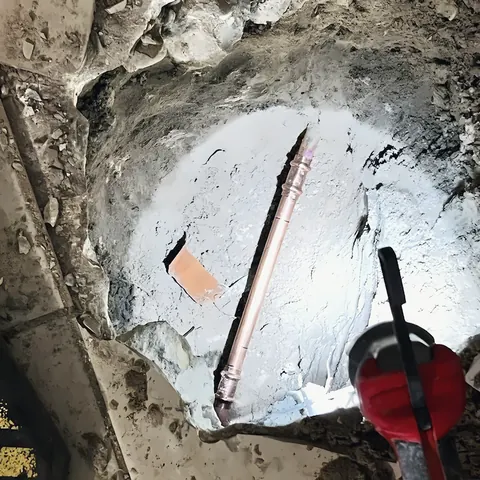 Slab leak excavation with exposed copper line, from East Texas Leak Locators & Plumbing Services’s own photographs.