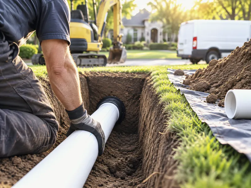 Crew at trenchless pipe replacement dig, Fountain Plumbing van (full-size original of the image shown on the slab-leak page): an AI-enhanced reconstruction of Fountain Plumbing, Inc’s own photograph.