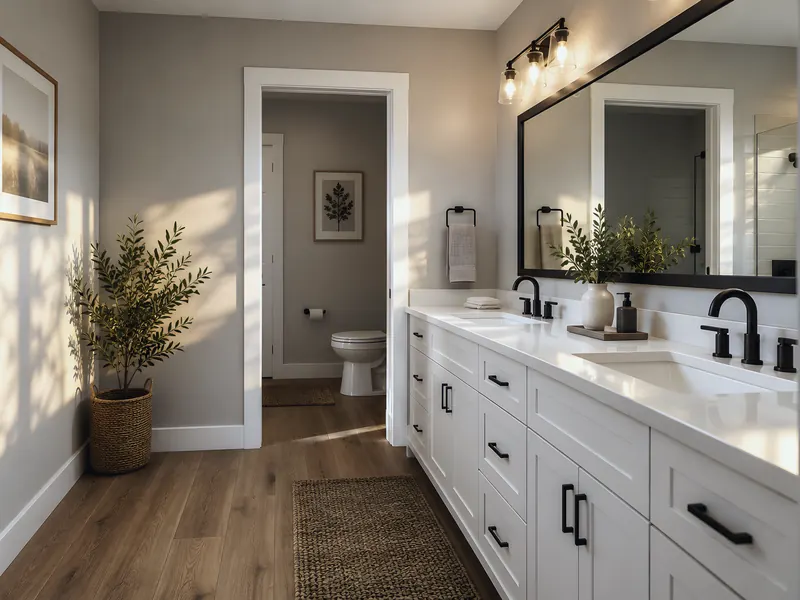 Finished bathroom with vanity: an AI-enhanced reconstruction of Jennings Plumbing’s own photograph.
