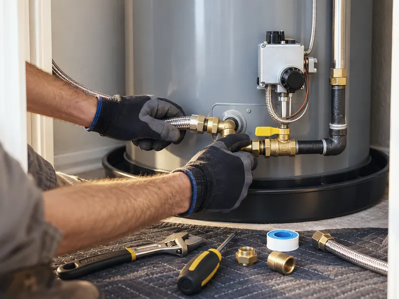 Water heater service: an AI-enhanced reconstruction of Ledbetter Plumbing’s own photograph.
