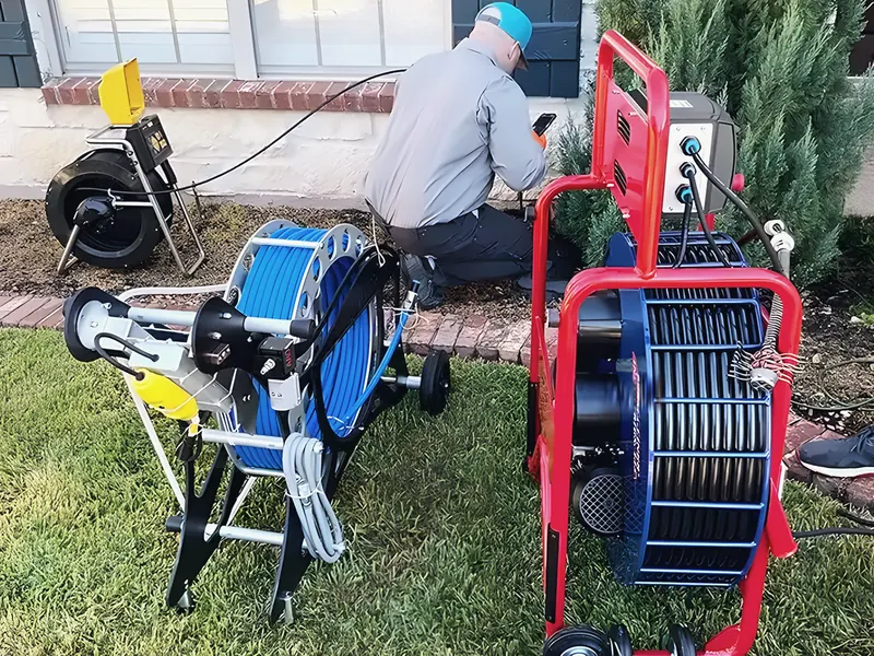 Technician with drain-cleaning and camera equipment on job, from The Mink Plumbing’s own website.