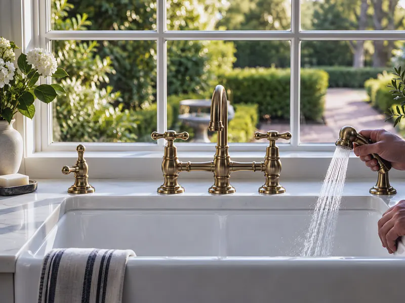 Brass kitchen faucet install, Mink van visible outside: an AI-enhanced reconstruction of The Mink Plumbing’s own photograph.