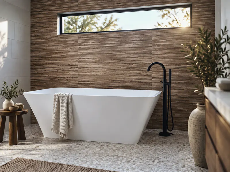 Freestanding tub install: an AI-enhanced reconstruction of PrimeTime Plumbing’s own photograph.