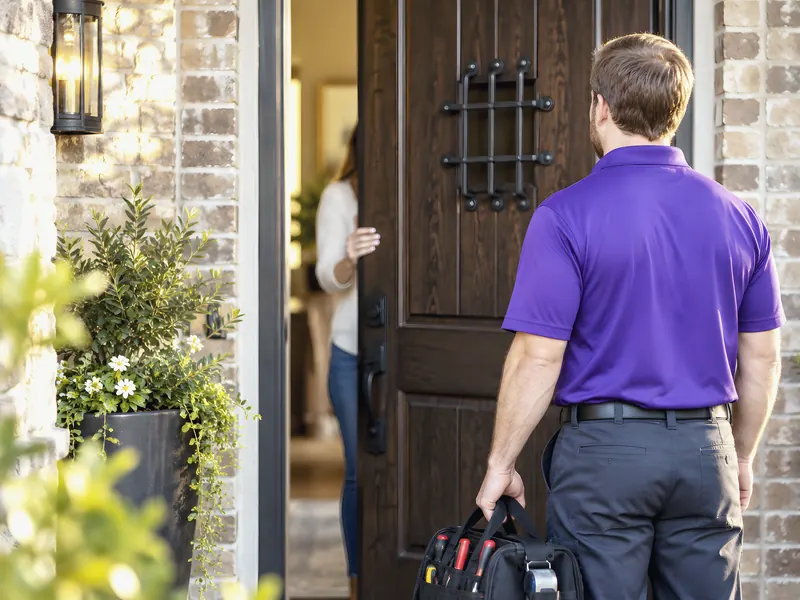 Uniformed technician greeting homeowner at door: an AI-enhanced reconstruction of Royal Plumbing and Construction LLC’s own photograph.