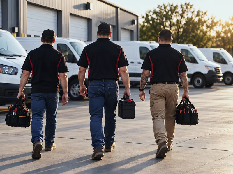 Crew with branded vans (site banner with orange graphic on left): an AI-enhanced reconstruction of Super Plumbers’s own photograph.